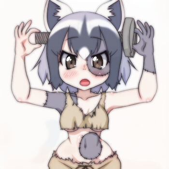 Rule 34 | 1girl, animal ears, blush, breasts, brown eyes, brown shirt, brown shorts, collarbone, colored skin, common raccoon (kemono friends), cosplay, frankenstein's monster, frankenstein's monster costume, grey hair, grey skin, halloween, halloween costume, kemono friends, looking at viewer, medium breasts, midriff, navel, object through head, open mouth, patchwork skin, raccoon ears, raccoon girl, screw, screw in head, shirt, short hair, shorts, standing, stitches, t jiroo (ringofriend), tank top, torn clothes, torn shirt, torn shorts, underboob, white background