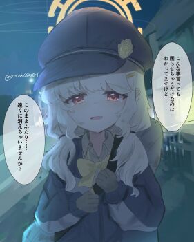 1girl aoba_(blue_archive) black_hat blonde_hair blue_archive blue_hat bow bowtie choppy_bangs commentary_request dirty fluffy_hair gloves halo hat highlander_railway_academy_logo highres jacket long_hair long_sleeves looking_at_viewer low_twintails newsboy_cap open_mouth orange_halo outdoors red_eyes shirt solo speech_bubble twintails uttsu_(yumaviviane) yellow_bow yellow_bowtie