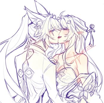 2girls animal_ears bare_shoulders breasts cleavage commentary dress feixiao_(honkai:_star_rail) fox_ears french_kiss gloves hand_on_another's_shoulder highres honkai:_star_rail honkai_(series) kiss large_breasts lingsha_(honkai:_star_rail) multiple_girls pointy_ears ponytail sentii simple_background upper_body white_background white_dress white_gloves yuri