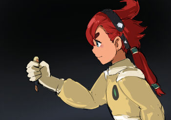 1boy 1girl black_background blue_eyes dark-skinned_male dark_skin giant giantess gundam gundam_suisei_no_majo highres holding_person looking_at_another neon_genesis_evangelion ponytail red_hair scene_reference shaddiq_zenelli simple_background suletta_mercury tenten_(chan4545)