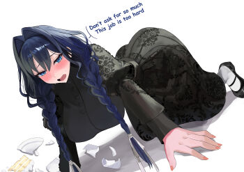 Rule 34 | 1girl, absurdres, all fours, arched back, ass, black dress, black hair, black shoes, blue eyes, blush, braid, braided twintails, breasts, broken plate, buttons, clumsy, commentary, dress, embarrassed, embroidered dress, embroidery, empty eyes, english commentary, english text, fingernails, full-face blush, hair intakes, hair over shoulder, highres, hololive, hololive english, juliet sleeves, kneeling, large breasts, long dress, long hair, long sleeves, looking at viewer, low twin braids, low twintails, mary janes, miko 4013, multi-source commentary, nervous sweating, no apron, no headwear, official alternate costume, official alternate hairstyle, open mouth, ouro kronii, ouro kronii (maid), plate, pleated dress, puffy sleeves, shoes, simple background, socks, solo, sweat, twin braids, twintails, victorian, virtual youtuber, white background, white socks