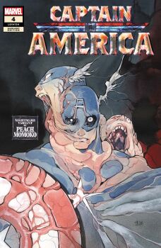 1boy absurdres artist_name body_horror captain_america captain_america_(series) character_name comic_cover copyright_logo copyright_name cover cover_page english_text highres holding holding_shield horror_(theme) logo looking_at_viewer male_focus marvel mask monsterification multiple_heads official_art peach_momoko shield solo steve_rogers superhero_costume teeth upper_body veins wide-eyed winged_headwear