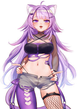 1girl absurdres ahoge alternate_hair_length_(longer) animal_ear_fluff animal_ears black_jacket blush breasts cat_ears cat_girl cat_tail cleavage collarbone commentary_request crop_top hair_ornament highres hololive jacket large_breasts long_hair long_sleeves looking_at_viewer nekomata_okayu nekomata_okayu_(gyaru) official_alternate_costume official_alternate_hairstyle open_mouth pantyhose pashiri_(shiripa) purple_eyes purple_hair purple_jacket purple_pantyhose short_shorts shorts simple_background single_thighhigh smile solo tail thighhighs torn_clothes torn_shorts two-sided_fabric two-sided_jacket very_long_hair virtual_youtuber white_background white_shorts