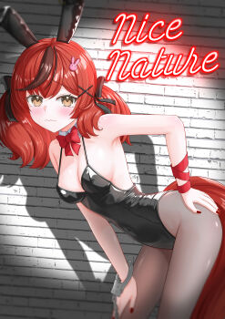 1girl absurdres alternate_costume animal_ears bare_shoulders black_hair black_leotard black_nails black_pantyhose black_streaks blush bow bowtie breasts brown_eyes brown_hair character_name cleavage commentary_request detached_collar fake_animal_ears fingernails gamel_120 hair_ornament highres horse_ears horse_girl horse_tail leotard long_hair looking_at_viewer nail_polish nice_nature_(umamusume) pantyhose rabbit_ears rabbit_hair_ornament red_bow red_bowtie red_ribbon ribbon single_handcuff small_breasts solo spotlight tail twintails umamusume wrist_ribbon x_hair_ornament