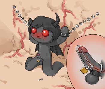 1boy arms_up azazel_(the_binding_of_isaac) black_horns black_skin black_wings blush bound bound_testicles bound_wrists bracelet chain colored_skin completely_nude demon_boy demon_horns demon_wings flesh_wall full_body horns internal_view jewelry key lock male_focus nude open_mouth padlock penis red_eyes shota sitting solo sounding spiked_bracelet spikes sweat testicles the_binding_of_isaac tosx urethral_insertion veins wariza wings