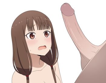 Rule 34 | 1boy, 1girl, blunt bangs, blush, breasts, brown eyes, brown hair, collarbone, commentary, coro fae, d:, hetero, highres, iino miko, kaguya-sama wa kokurasetai ~tensai-tachi no renai zunousen~, long hair, looking at penis, medium breasts, open mouth, penis, penis awe, simple background, testicles, white background