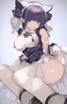 1girl absurdres animal_ears aqua_eyes azur_lane bare_shoulders black_shoes blue_hair blunt_bangs blush breasts cheshire_(azur_lane) cleavage closed_mouth commentary_request detached_sleeves fake_animal_ears fang fang_out hairband highres large_breasts looking_at_viewer maid_headdress multicolored_hair partial_commentary purple_hair shoes short_hair sidelocks smile solo sorotu streaked_hair thighhighs white_thighhighs wrist_cuffs