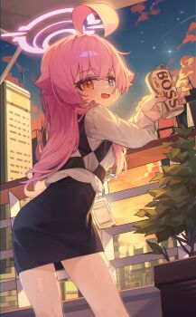 Rule 34 | 1girl, absurdres, ahoge, blue archive, blue eyes, capry, commentary request, fang, halo, heterochromia, highres, hoshino (blue archive), long hair, pink hair, pink halo, shirt, skirt, solo, white shirt