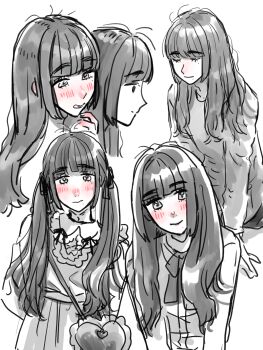 1boy arisa_(yuki_touko) blunt_bangs blush crossdressing crossdressing_(mtf) dress frills greyscale hand_blush heart-shaped_bag highres long_sleeves male_focus messy_hair mole mole_under_eye mole_under_mouth monochrome multiple_views original trap yuki_touko