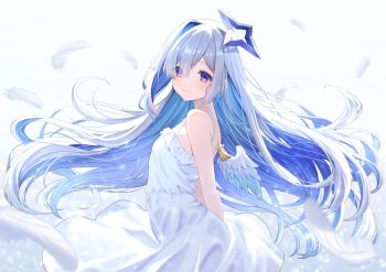 1girl amane_kanata angel_wings arms_behind_back bare_arms blue_hair blue_halo blue_wings closed_mouth colored_inner_hair commentary_request dress falling_feathers feathered_wings feathers floating_hair frilled_dress frills gradient_wings grey_hair hair_over_one_eye halo highres hololive long_hair looking_at_viewer mini_wings multicolored_hair multicolored_wings nametakeko official_alternate_hair_length official_alternate_hairstyle pink_streaks purple_eyes sad_smile simple_background single_hair_intake sleeveless sleeveless_dress smile solo spaghetti_strap star_halo streaked_hair tilted_halo very_long_hair virtual_graduation_commemoration virtual_youtuber white_background white_dress white_wings wings