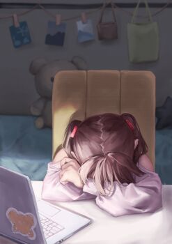 1girl arms_on_table bare_shoulders brown_hair chair clothing_cutout commentary_request computer face_down fujishima_megumi fujishima_megumi_(winter_loungewear) highres in-universe_location indoors laptop link!_like!_love_live! long_hair long_sleeves love_live! on_chair saidamoosu shirt shoulder_cutout sitting sleeping sleeping_on_desk solo two_side_up virtual_youtuber white_shirt