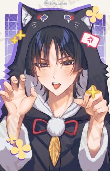 1boy animal_costume animal_ears animal_hood black_hair black_hood cat_costume cat_ears cat_hood commentary english_commentary genshin_impact haryu_chee hood long_sleeves male_focus open_mouth puirple_eyes scaramouche_(cat)_(genshin_impact) scaramouche_(genshin_impact) short_hair solo tongue tongue_out