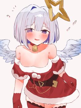 1girl absurdres amane_kanata bell belt black_belt blush bob_cut choker dress embarrassed forced_smile fur-trimmed_dress fur_trim gloves grey_hair halo highres hololive looking_at_viewer neck_bell off-shoulder_dress off_shoulder official_alternate_costume pom_pom_(clothes) purple_eyes red_choker red_dress red_gloves red_thighhighs santa_costume santa_dress short_dress short_hair simple_background single_hair_intake solo star_halo tepenchi thighhighs virtual_youtuber white_background white_wings wings zettai_ryouiki