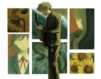 1girl 2boys acoustic_guitar backlighting beach black_suit blazer blue_jacket brothers brown_hair collared_shirt commentary facing_away feet_out_of_frame flower formal_clothes from_behind futsuu_no_keion-bu guitar guitar_case hatono_chihiro highres holding holding_guitar holding_instrument instrument instrument_case instrument_case_on_back jacket multiple_boys neck_ribbon no_eyes official_alternate_costume official_alternate_hairstyle painterly red_ribbon ribbon salamander shirt short_hair siblings standing suit sunflower takami_kouki takami_ryuki white_shirt wilted_flower zz_5mm