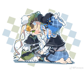 2girls 33puruspa barefoot black_bag black_capelet black_hat blonde_hair blue_hair blue_skirt braid braided_hair_rings capelet chibi chibi_only chinese_commentary commentary_request deerstalker dress green_dress hair_rings hat highres holding_hands long_sleeves looking_at_another mahou_shoujo_no_majo_saiban multiple_girls one_eye_closed plaid_clothes plaid_skirt short_hair sitting skirt tachibana_sherry tears tono_hanna twintails watermark weibo_watermark wiping_tears yellow_eyes