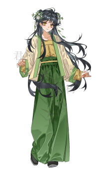 1girl bad_source beizi_(clothing) black_hair chinese_clothes flower full_body hair_flower hair_ornament hanfu highres jacket junyang long_hair long_sleeves looking_at_viewer original pants shirt shuangyaji simple_background smile solo very_long_hair white_background yellow_eyes yellow_shirt