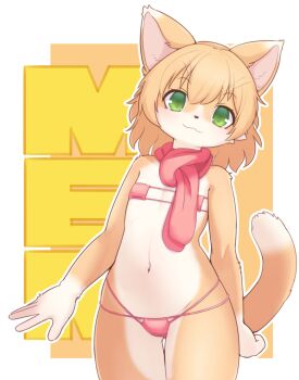 1girl animal_ears bikini blonde_hair body_fur cameltoe canopus335 cat_ears cat_tail closed_mouth cowboy_shot flat_chest furry furry_female green_eyes groin highres loli looking_at_viewer micro_bikini multi-strapped_bikini_bottom navel original outline pink_bikini pink_scarf scarf solo swimsuit tail text_background whiskers white_outline