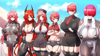 6+girls absurdres ahoge arm_armor arm_tattoo armor armored_bodysuit armored_leotard arms_at_sides arms_under_breasts belt beret black_armor black_choker black_garter_straps black_gloves black_jacket black_necktie black_ribbon black_shirt black_skirt black_thighhighs blue_sky blush bodystocking bodysuit bra bra_peek breasts brown_thighhighs choker cleavage clothing_cutout cloud cloudy_sky collared_shirt commentary commission covered_erect_nipples covered_navel cowboy_shot crop_top cropped_jacket crossed_arms crotch_plate cupless_bra curvy detached_sleeves drying ear_piercing earrings flower garter_straps gloves goddess_of_victory:_nikke gradient_necktie grey_bodysuit grey_flower groin gurum hair_between_eyes hair_bun hair_flower hair_ornament hair_over_one_eye hand_on_own_hip hand_up hands_on_own_hips hands_up hat height_difference highleg highleg_leotard highleg_panties highres hip_vent hongryeon_(last_origin) horns huge_breasts ignis_(last_origin) jacket janghwa_(last_origin) jewelry korean_commentary lace lace-trimmed_legwear lace-trimmed_thighhighs lace_trim large_breasts last_origin layered_skirt leaning_forward leather leather_pants leg_cutout leotard lineup long_hair long_sleeves looking_at_viewer lowleg lowleg_shorts mechanical_horns microskirt mole mole_under_eye multicolored_bodysuit multiple_girls multiple_moles navel neck_ribbon necktie nihilister_(nikke) nipple_shield o-ring o-ring_bottom o-ring_choker o-ring_panties o-ring_strap off-shoulder_shirt off_shoulder official_alternate_costume official_alternate_hair_color panties pants panty_straps parted_lips pencil_skirt piercing pleated_skirt purple_eyes rapi_(nikke) rapi_(red_hood)_(nikke) red_eyes red_hair red_hood_(nikke) red_necktie red_scarf red_shirt ribbon scarf see-through_cleavage see-through_clothes shirt short_hair short_shorts shorts shoulder_tattoo side_slit sidelocks single_hair_bun skindentation skirt sky smile standing stomach tattoo thick_thighs thighhighs thighs towel trait_connection two-tone_bodysuit two-tone_necktie underboob underwear unzipped very_long_hair white_shirt wide_hips yellow_eyes