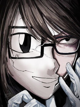 1boy black-framed_eyewear broken_mask brown_hair commentary_request cracked_kawaii_mask cracked_mask dated glasses gloves highres male_focus mask medium_hair nil_(pixiv_53614557) portrait randal's_friends randal_ivory solo white_gloves