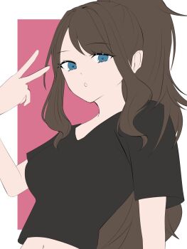 1girl black_shirt blue_eyes breasts brown_hair high_ponytail highres hilda_(pokemon) large_breasts long_hair looking_at_viewer navel nintendo open_mouth pokemon pokemon_bw ponytail shirt simple_background solo tyotto22 v