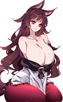 Rule 34 | 1girl, alternate breast size (larger), animal ears, bare shoulders, breasts, brown hair, cleavage, closed mouth, collarbone, commentary request, dress, highres, huge breasts, imaizumi kagerou, long hair, looking at viewer, raptor7, red eyes, simple background, sitting, smile, solo, thick thighs, thighs, touhou, white background, white dress, wolf ears, wolf girl