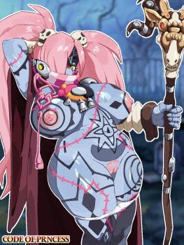 1girl animal_skull arm_behind_head arm_tattoo blue_skin body_markings bone bow bow_panties breasts chest_tattoo cloak code_of_princess colored_skin covered_mouth cowboy_shot denfeltpen facial_mark gloves hair_ornament hair_over_one_eye highres holding holding_staff huge_breasts lady_zozo leg_tattoo long_hair looking_at_viewer navel nipples one_eye_covered outline panties panty_pull pink_hair pink_scarf pubic_hair ram_skull scar scar_on_face scarf scarf_over_mouth shiny_skin skeletal_hand skindentation skull skull_hair_ornament skull_staff solo sparse_pubic_hair staff standing stitched_arm stitched_face stitched_leg stitched_torso stitches stomach stomach_tattoo striped_clothes striped_scarf sweat tattoo twintails two-tone_scarf underwear vertical-striped_clothes vertical-striped_scarf white_gloves white_outline white_panties yellow_eyes zombie