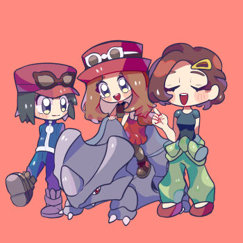 1boy 2girls :3 black_hair black_shirt blue_jacket blue_pants blush blush_stickers boots breasts brown-framed_eyewear brown_boots brown_hair brown_shoes calem_(pokemon) closed_eyes closed_mouth clothes_around_waist commentary deformed english_commentary eyelashes eyewear_on_headwear fingernails gen_1_pokemon grace_(pokemon) green_pants grey_eyes grey_pantyhose grey_shirt hair_ornament hairclip hat highres index_finger_raised jacket long_hair mother_and_daughter mother_and_son multiple_girls nintendo open_mouth pants pantyhose pokemon pokemon_(creature) pokemon_xy red_background red_hat red_shoes red_skirt rhyhorn riding riding_pokemon serena_(pokemon) shirt shoelaces shoes short_hair short_sleeves simple_background skirt sleeveless sleeveless_shirt smile split_mouth standing teeth upper_teeth_only user_vrme3225 walking white-framed_eyewear