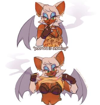 :p animal_ears animal_nose bat_ears bat_girl bat_wings bbybluegeist blue_eyeshadow bra dark-skinned_female dark_skin ear_piercing eyeshadow female_pubic_hair fingerless_gloves fingernails furry furry_female gloves highres lace lace-trimmed_bra lace_trim lifting_own_clothes long_fingernails makeup navel_piercing piercing pink_nails pubic_hair rouge_the_bat sonic_(series) tongue tongue_out tongue_piercing underwear white_fur wings