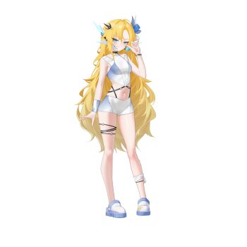 Rule 34 | 1girl, absurdres, bare legs, blonde hair, blue eyes, bow, breasts, candy, eyelashes, food, hair bow, hair ornament, hair ribbon, highres, holding, holding candy, holding food, holding lollipop, ib (kouri), lollipop, long bangs, long hair, mary (ib), mechanical ears, navel, non-web source, petite, rhan, ribbon, short sleeves, sleeveless, slippers, small breasts, smirk, smug, swimsuit, thigh strap, thighs, wristband