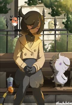 1girl absurdres aged_up artistic_error bench black_bodysuit black_gloves black_hair bo_(bouillustration) bodysuit bodysuit_under_clothes brown_jacket character_request closed_eyes closed_mouth commentary_request cowlick cup dark-skinned_female dark_skin disposable_cup emma_(pokemon) espurr fence fletchling gen_1_pokemon gen_6_pokemon gloves hair_between_eyes hair_ornament highres iron_fence jacket kakuna latex latex_bodysuit lumiose_city mega_stone nintendo orange_gloves outdoors own_hands_together park_bench pokemon pokemon_(creature) pokemon_legends:_z-a short_hair sidelocks sitting solo_focus swept_bangs tail twitter_username two-tone_gloves