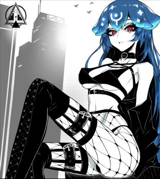 1girl arms_behind_back artist_name bao_(vtuber) belt belt_collar black_belt black_bra black_leggings black_panties black_shirt black_straps blue_hair bra breasts building collar commentary dizzle english_commentary fishnets flock goth_fashion high-waist_panties highres indie_virtual_youtuber leg_belt leg_up leggings long_hair long_sleeves looking_at_viewer medium_breasts navel open_clothes open_shirt panties parted_lips partially_colored red_eyes shirt shirt_partially_removed sitting solo thighs underwear virtual_youtuber