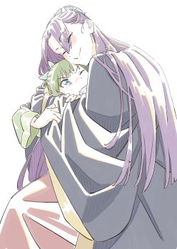 1boy 1girl absurdres black_robe blue_eyes blue_ribbon blush bun_cover clenched_teeth closed_eyes closed_mouth dangomochi2 dark_skin furrowed_brow green_hair hair_bun hair_ribbon half_updo happy_tears hetero highres hug jinshi_(kusuriya_no_hitorigoto) kusuriya_no_hitorigoto long_hair maomao_(kusuriya_no_hitorigoto) one_eye_closed parted_bangs parted_lips purple_hair ribbon robe smile struggling tears teeth white_background