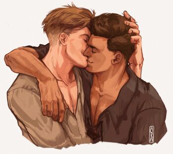 Rule 34 | 2boys, arm around shoulder, black shirt, blonde hair, brown hair, closed eyes, closed mouth, collarbone, collared shirt, commentary, couple, cropped torso, english commentary, grey shirt, hand on another's head, hans capon, henry of skalitz, highres, kingdom come: deliverance ii, kiss, male focus, multiple boys, open collar, ora-illustration, pectoral cleavage, pectorals, shirt, simple background, smile, white background, yaoi