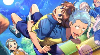 1girl 4boys back-to-back blue_eyes blue_footwear blue_hair blue_shorts blue_sky brown_hair dolustoy domon_asuka green_hair grey_hair hair_ornament hairclip highres ichinose_kazuya inazuma_eleven inazuma_eleven_(series) kageno_jin kino_aki kneehighs lifting_person light_blue_hair locked_arms long_hair looking_at_viewer male_focus multiple_boys open_mouth pink_hair raimon raimon_soccer_uniform shirt short_hair shorts sky smile soccer_uniform socks someoka_ryuugo sportswear tree white_socks