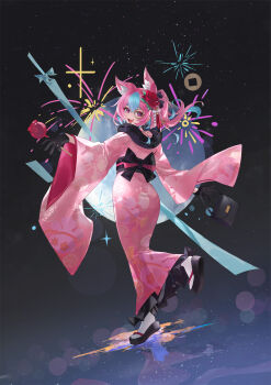 1girl 2090204084 absurdres animal_ear_fluff animal_ears ass astral_party black_gloves blue_hair candy_apple character_request dark_background extra_ears food from_behind gloves highres holding holding_candy_apple holding_food japanese_clothes kimono long_hair looking_at_viewer obi open_mouth parunan_(astral_party) pink_hair print_kimono sash solo yukata