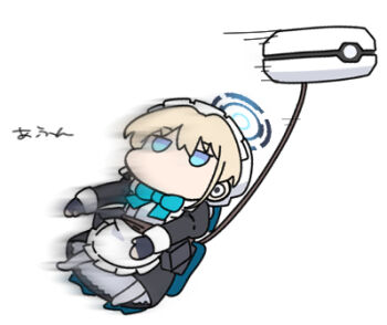 1girl apron black_dress black_gloves blonde_hair blue_archive blue_bow blue_eyes bow bun_cover chibi commentary_request dress fingerless_gloves frilled_apron frills full_body gloves grey_pantyhose hair_bun halo jitome juliet_sleeves long_sleeves lowres motion_lines no_shoes nyaru_(nyaru_4126) pantyhose puffy_sleeves robot simple_background speed_lines toki_(blue_archive) translation_request white_background