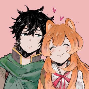 1boy 1girl ^_^ animal_ear_fluff animal_ears black_hair black_shirt blush cloak closed_eyes closed_mouth collared_dress collared_shirt commentary_request couple double-parted_bangs dress eyebrows_hidden_by_hair facing_viewer frown green_cloak green_eyes hair_between_eyes heart hetero high_collar highres iwatani_naofumi long_hair long_sleeves looking_at_another messy_hair motion_lines neck_ribbon orange_hair pink_background pinstripe_dress pinstripe_pattern portrait raccoon_ears raccoon_girl raised_eyebrows raphtalia red_ribbon ribbon shirt short_hair simple_background smile straight_hair tate_no_yuusha_no_nariagari tomo-7726 upper_body white_dress