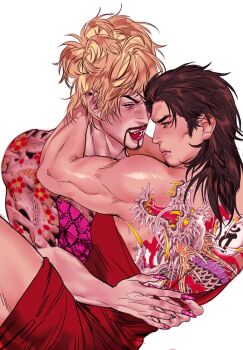 2boys back_tattoo beard black_hair blonde_hair blush commentary crossdressing crossdressing_(mtf) dragon dress english_commentary eyepatch facial_hair goatee goromi high_ponytail highres hug irezumi kiryu_kazuma licking_lips long_hair majima_everywhere majima_goro male_focus multiple_boys muscular muscular_arms muscular_male pink_dress pink_eyes pink_lips ponytail red_dress ryuu_ga_gotoku_(series) ryuu_ga_gotoku_1 sideburns snake_print snakeskin sotenborinpc tattoo tongue tongue_out wig yaoi