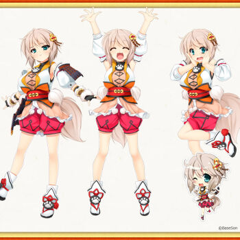 1girl :d :t ^_^ aqua_eyes arms_up black_sandals blush bob_cut breasts brown_tail chibi closed_eyes closed_mouth detached_sleeves fang full_body grey_hair hair_ornament half-closed_eyes hands_on_own_cheeks hands_on_own_face japanese_clothes kimono large_breasts leg_up looking_at_viewer maeda_matazaemon_wanko_toshie mtu_(orewamuzituda) obi official_art one_eye_closed open_hands open_mouth outstretched_arms raised_inner_eyebrows red_sash red_shorts sandals sash sengoku_koihime short_hair shorts sidelocks sleeveless sleeveless_kimono smile socks spread_fingers standing tachi-e white_socks