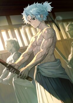 3boys abs blue_eyes blurry blurry_background closed_mouth cowboy_shot dutch_angle expressionless fate/grand_order fate_(series) game_cg hair_tie hakama holding holding_sword holding_weapon indoors japanese_clothes lack male_focus multiple_boys multiple_scars muscular muscular_male official_art pectorals ponytail scar scar_on_arm scar_on_chest scar_on_face scar_on_forehead short_hair short_ponytail solo_focus sweat sword third-party_source topless_male toudou_heisuke_(fate) weapon white_hair wooden_sword
