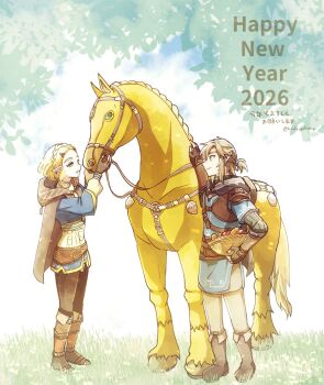 1boy 1girl 2026 apple basket black_cloak black_pants blonde_hair blue_shirt blue_tunic boots braid chinese_zodiac cloak closed_mouth commentary_request crown_braid fingerless_gloves food fruit fruit_basket full_body gloves hair_ornament hairclip happy_new_year holding holding_basket hood hood_down hooded_cloak horse kaidou_mitsuki light_smile link looking_at_another low_ponytail medium_hair new_year nintendo pants parted_bangs parted_lips pointy_ears ponytail princess_zelda shirt sidelocks standing the_legend_of_zelda the_legend_of_zelda:_tears_of_the_kingdom thick_eyebrows tunic twitter_username white_pants year_of_the_horse