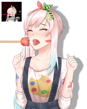 1girl absurdres airani_iofifteen blue_hair candy_apple food gradient_hair hair_bun hair_ornament hairband highres hololive hololive_indonesia long_hair multicolored_hair pink_hair scene_reference side_ponytail sidelocks virtual_youtuber vvtoll