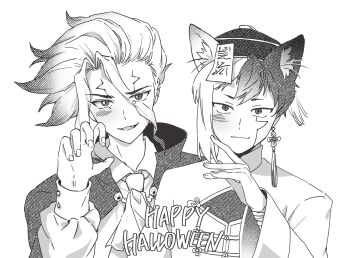 2boys animal_ear_fluff animal_ears asagiri_gen blush cape cat_boy cat_ears claw_pose closed_mouth collared_shirt dr._stone earrings fang greyscale hair_between_eyes halloween halloween_costume hand_up happy_halloween hat highres ishigami_senkuu jewelry jiangshi_costume long_sleeves looking_at_viewer male_focus monochrome multicolored_hair multiple_boys ofuda open_mouth shirt short_hair single_earring smile tassel tassel_earrings tttt0ouu two-tone_hair upper_body