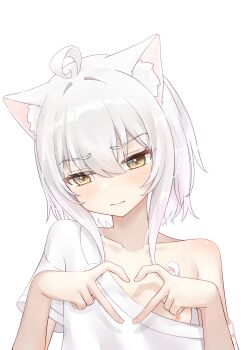 1girl absurdres animal_ear_fluff animal_ears breasts cat_ears cat_girl commentary_request embarrassed four-finger_heart_hands frown furrowed_brow heart heart_hands highres light_blush nipples no_bra off_shoulder original shirt short_hair short_sleeves simple_background single_bare_shoulder small_breasts upper_body white_background white_hair white_shirt yellow_eyes zhai_mi_xing_hui