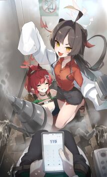 1boy 2girls ahoge black_hair black_horns black_pants black_shorts black_tail blue_archive blush breasts cellphone closed_eyes coat collared_shirt demon_horns demon_tail drill fang goggles goggles_on_head grin hair_intakes hair_ornament hairpin halo highres holding holding_phone horns kasumi_(blue_archive) lab_coat large_breasts long_hair long_sleeves megu_(blue_archive) mesilmen multiple_girls open_clothes open_coat open_mouth pants phone red_hair red_halo red_horns red_shirt sandals sensei_(blue_archive) shirt shorts signature sleeves_past_fingers sleeves_past_wrists small_breasts smartphone smile tail tank_top water white_coat white_tank_top yellow_eyes