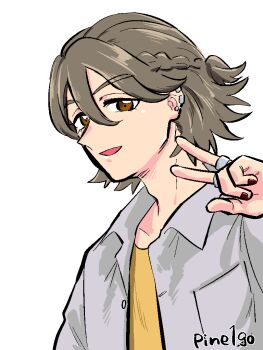 Rule 34 | 1boy, braid, brown eyes, collarbone, earrings, hair between eyes, half up bun, jewelry, jogi (precure), kazuma (precure), kimi to idol precure, looking at viewer, male focus, mature male, multiple earrings, nail polish, neck, parted bangs, pineapple 1-gou, precure, red nails, ring, school uniform, shirt, solo, solo focus, twitter username, upper body, v, white shirt