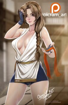 1girl bike_shorts braid braided_ponytail breasts brown_eyes brown_hair cameltoe female_focus hairband huge_breasts large_breasts long_hair oicram-art pale_skin pants pussy standing the_king_of_fighters thick_thighs thighs tight_clothes tight_pants wet yuri_sakazaki