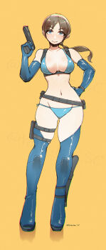 Rule 34 | 1girl, ankle holster, belt, belt pouch, bikini, blue bikini, blue gloves, blue thighhighs, breasts, brown hair, chest harness, full body, gloves, gun, hand on own hip, handgun, harness, holding, holding gun, holding weapon, jill valentine, looking at viewer, official alternate costume, ponytail, pouch, resident evil, resident evil: revelations, solo, swimsuit, thigh pouch, thigh strap, thighhighs, weapon, yotastar