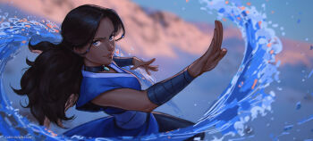 1girl armband avatar:_the_last_airbender avatar_legends black_hair blue_armband blue_dress blue_eyes caro_oliveira commentary dark-skinned_female dark_skin dress element_bending english_commentary fighting_stance katara solo water water_drop