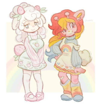 2girls blue_shoes blue_sweater blush commentary doekis dress fairy_kei food-themed_hair_ornament full_body furry furry_female giraffe_girl green_dress hair_ornament kissy_(doekis) leg_warmers long_hair long_sleeves looking_at_viewer marzipan_(doekis) multicolored_hair multiple_girls original pastel_colors personification pink_shoes pink_sweater rainbow_hair rainbow_print sheep_girl shoes smile standing strawberry_hair_ornament sweater white_dress white_hair yume_kawaii